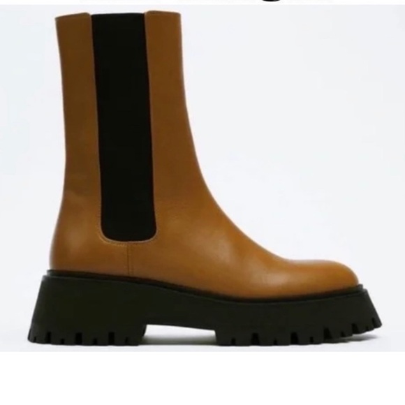 Zara Leather Lug Sole Chunky Ankle Chelsea Combat Boots Cognac Brown Black 37 - Picture 2 of 13